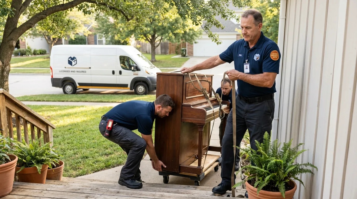 Licensed piano movers securing grand piano in Port Clinton, OH