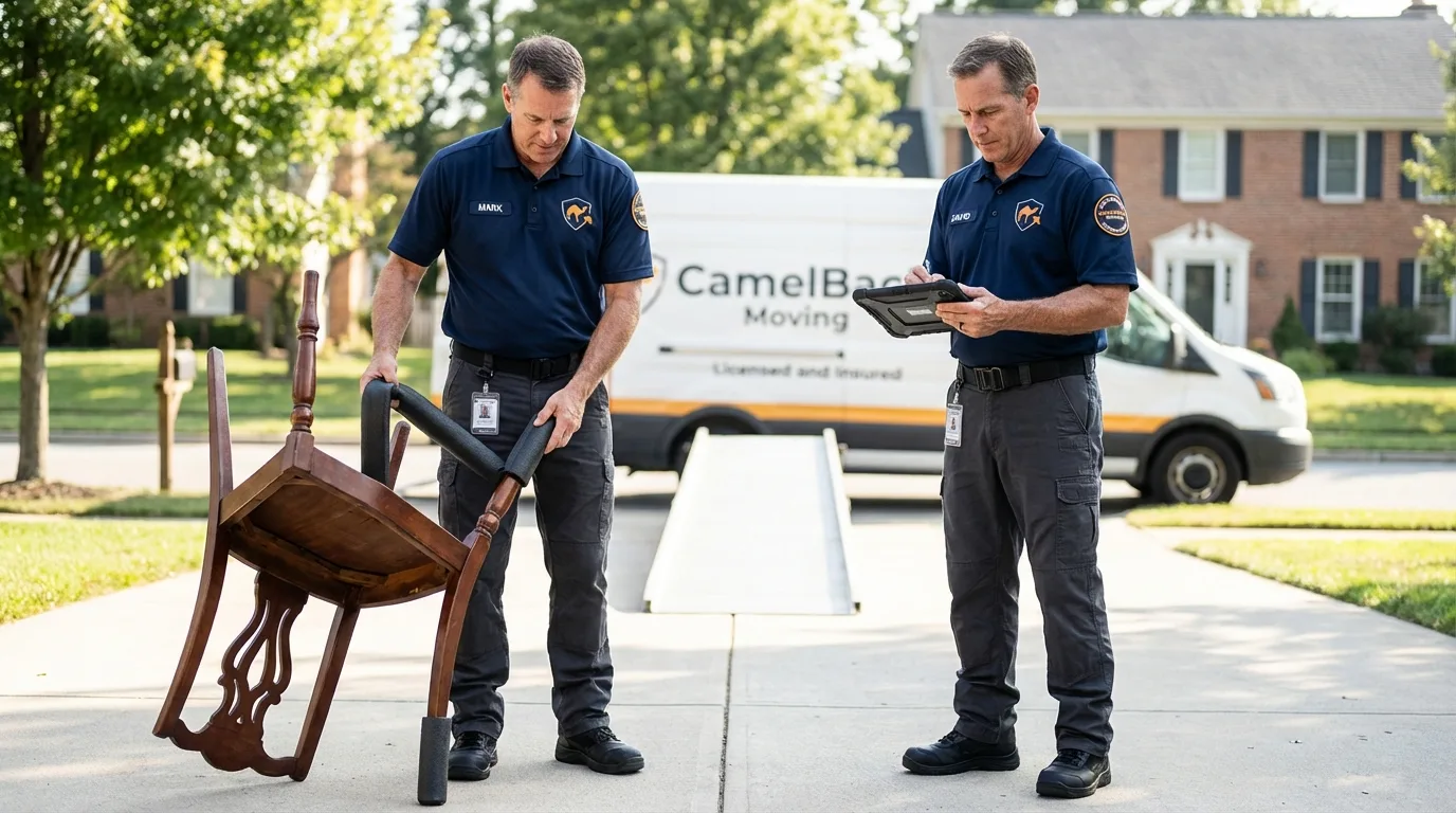 Movers inspecting furniture for damage prevention before loading in Port Clinton, OH