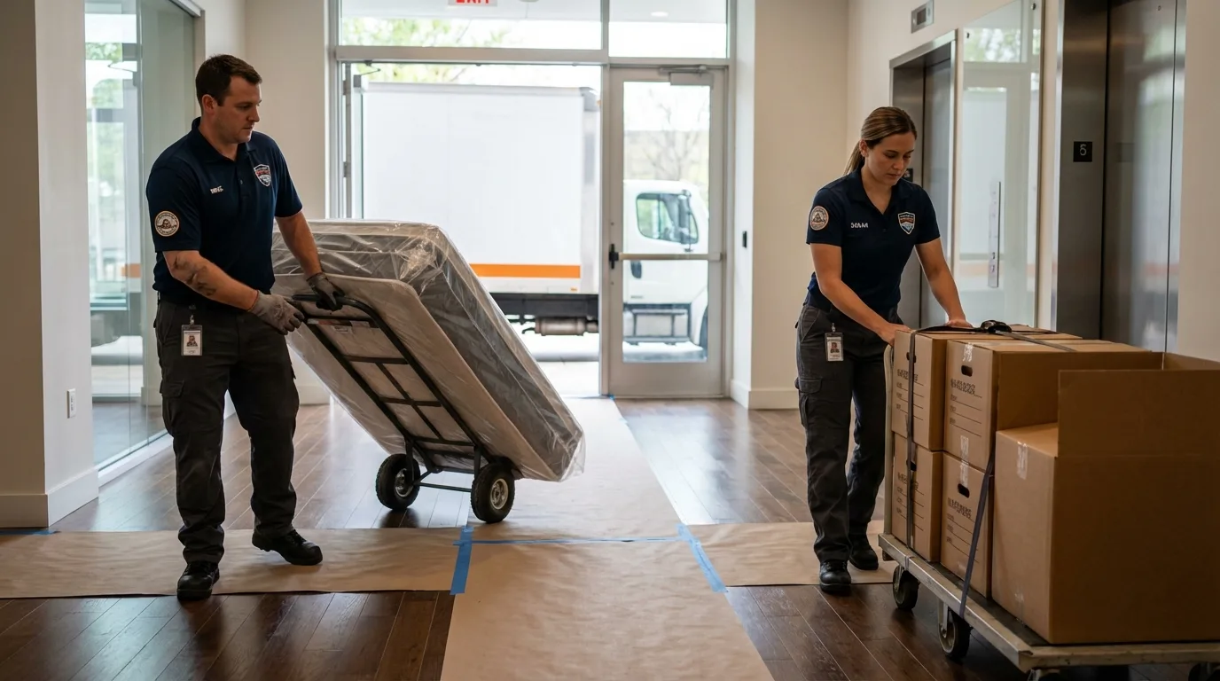Professional apartment movers loading elevator in Port Clinton, OH