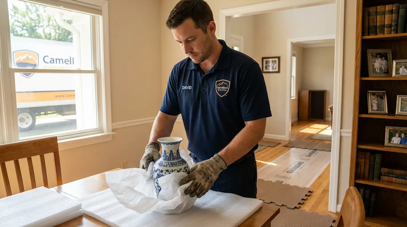 Professional crew carefully wrapping antique vase for senior downsizing move in Port Clinton, OH